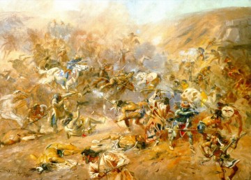 Amérindien œuvres - Bataille du ventre de la rivière 1905 Charles Marion Russell Indiens d’Amérique